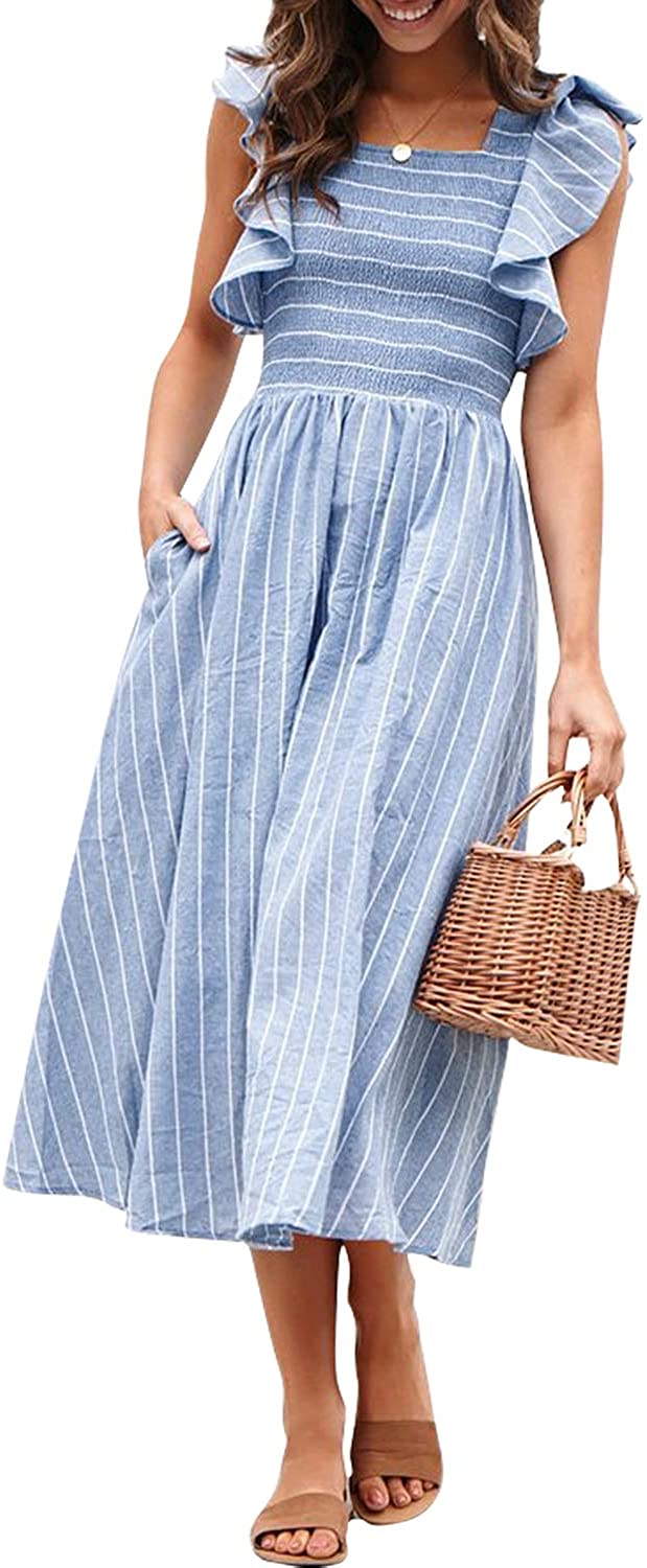 Women's Striped Linen Long Dress Elegant Ruffle Cap Sleeves Midi Dress