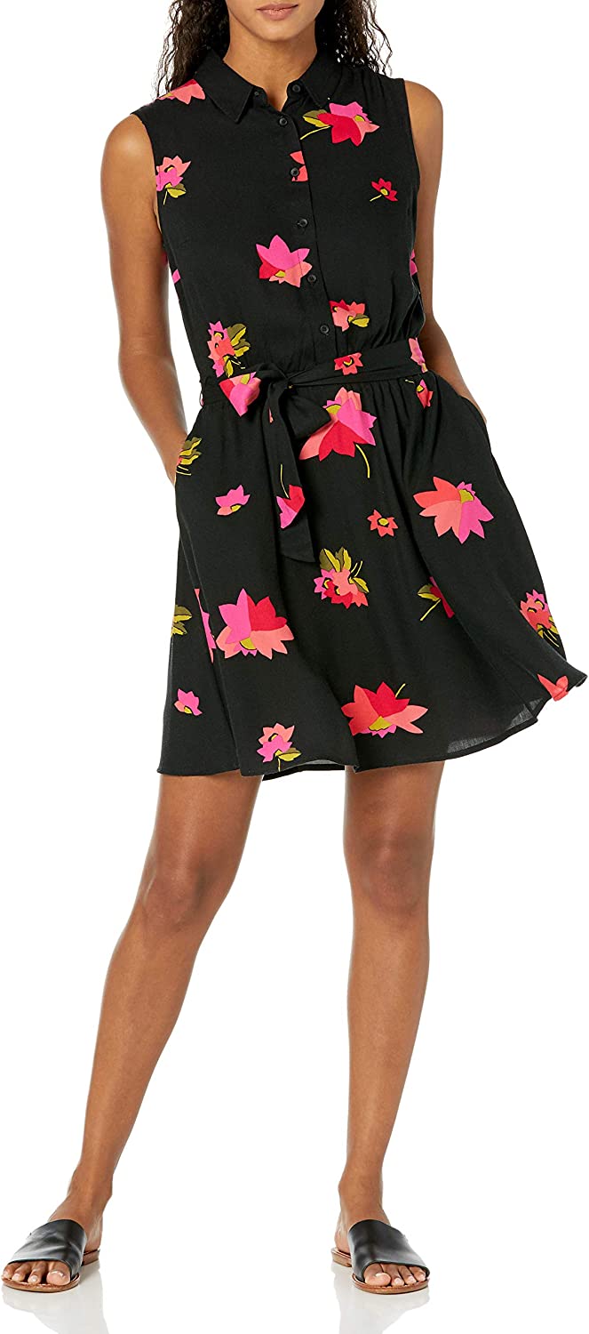 Women's Sleeveless Woven Shirt Dress, Pink/Black, Floral, X-Small