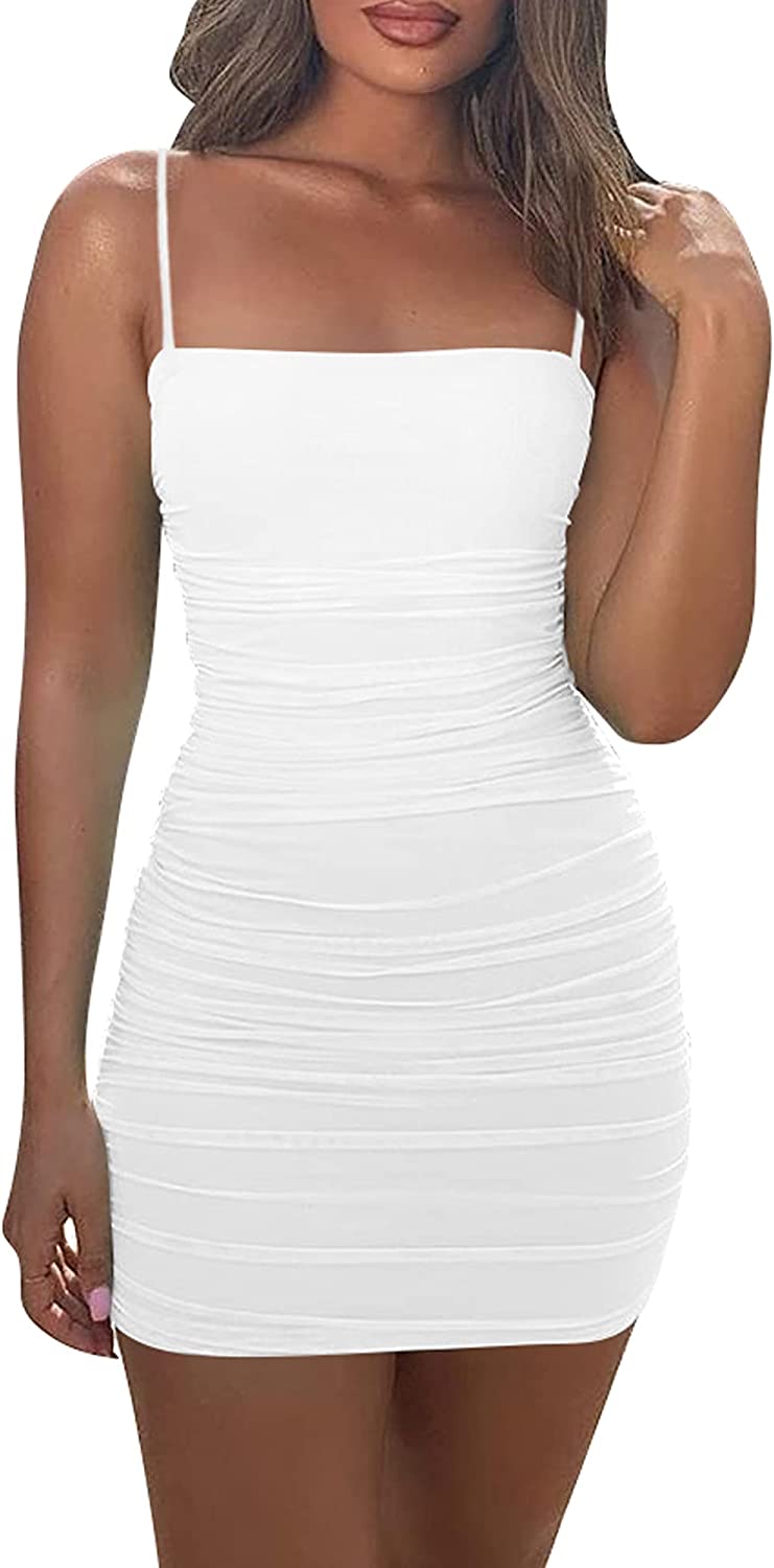 Women's Sexy Sleeveless Ruched Spaghetti Strap Bodycon Mini Club Party Dress