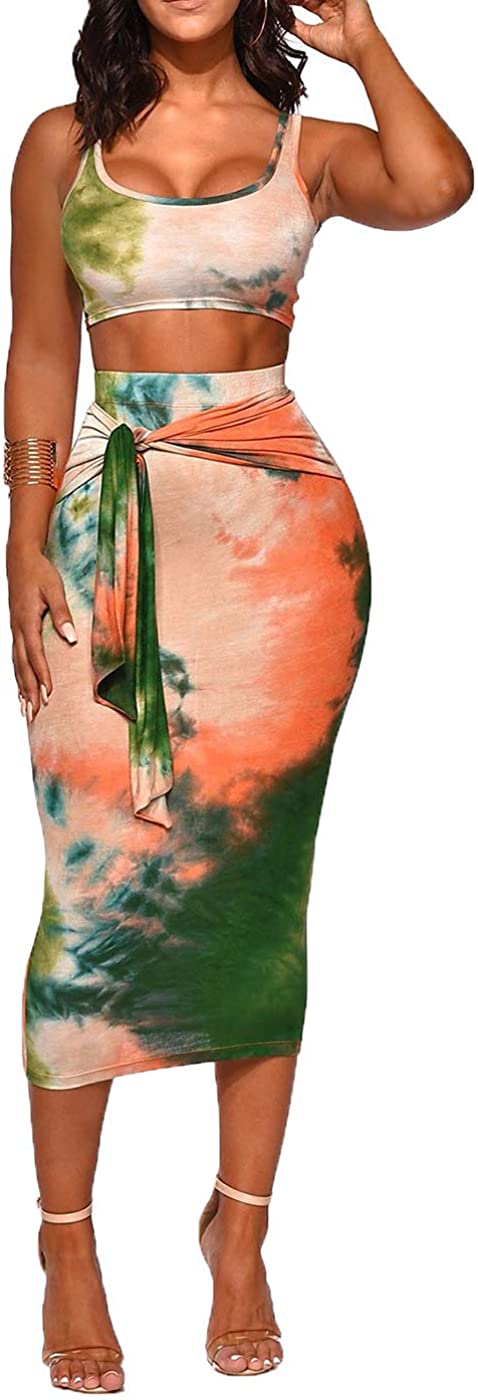 Womens Sexy 2 Piece Midi Dress Outfits - Sleeveless Tie Dye Print Tank Crop Top Bodycon Skirts Set