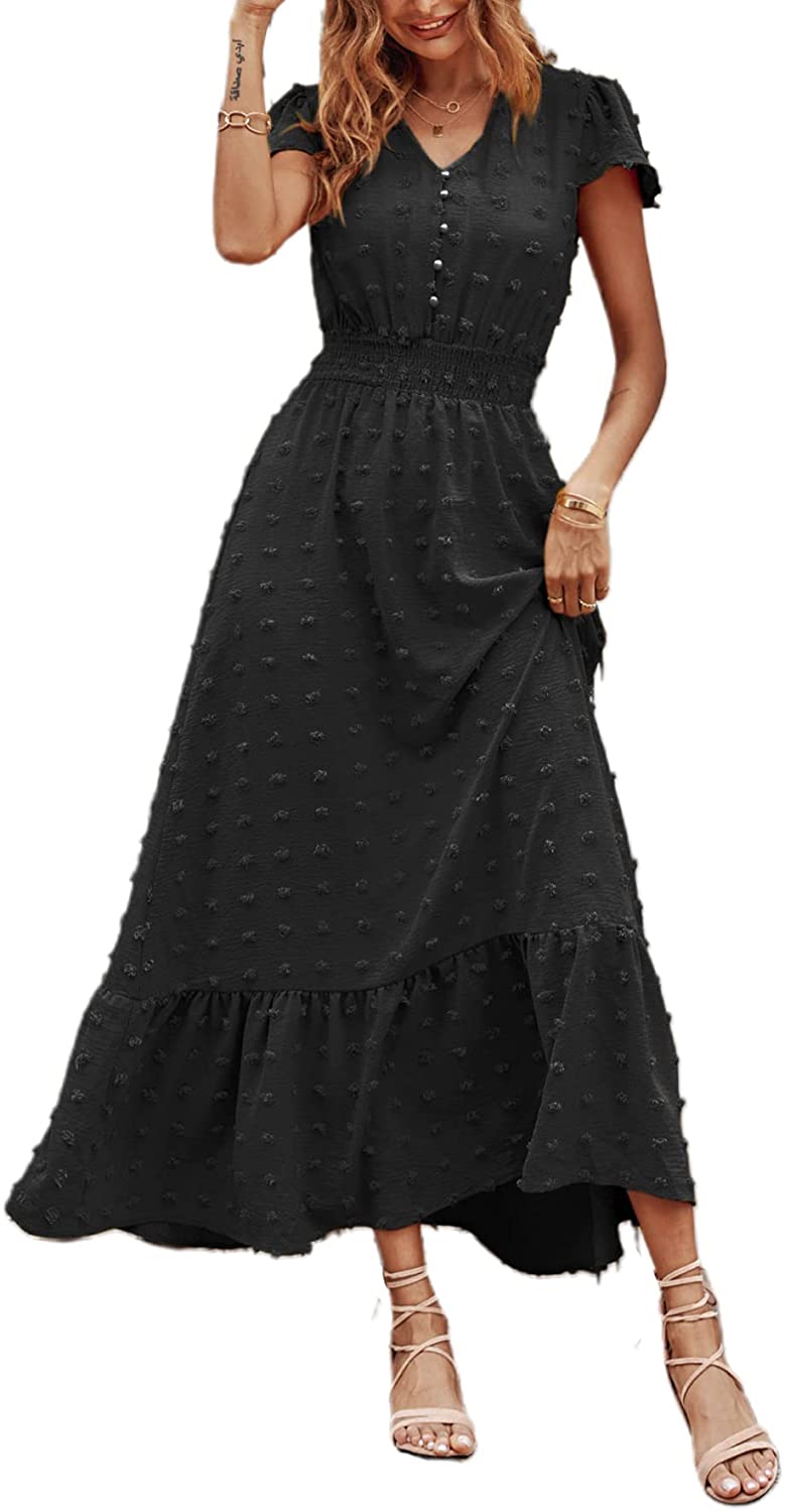 Women's Boho Dress Short Sleeve V Neck Swiss Dot Ruffle Tiered Maxi Dress Smocked Cocktail Dress
