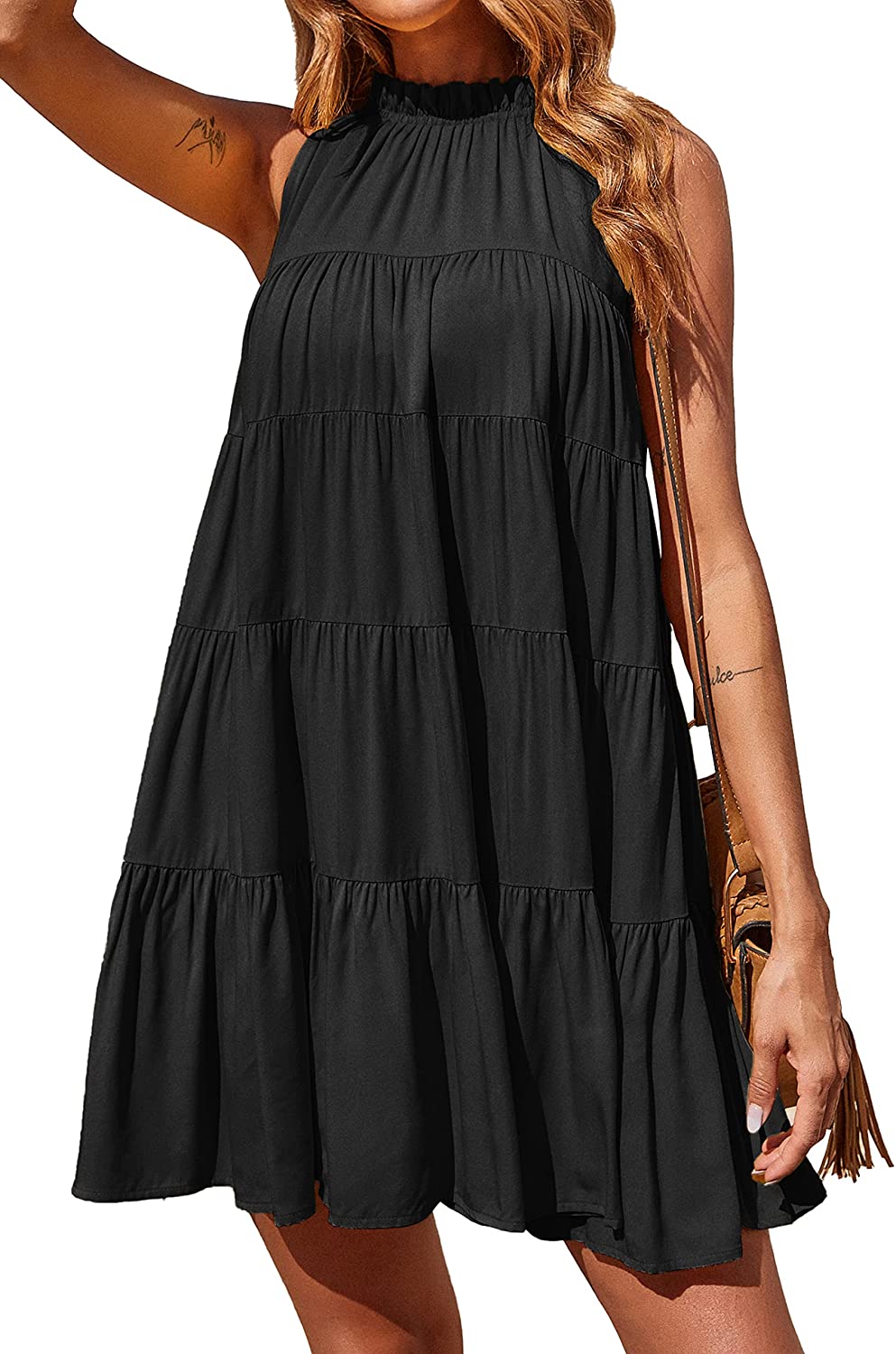 Women's Summer Casual Sleeveless Halter Dress Ruffle Tiered Flowy Short Dress Loose Swing Pleated Boho Mini Sundress