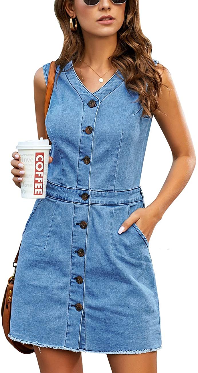 Women's Casual V Neck Sleeveless Jeans Button Down Denim Short Dress
