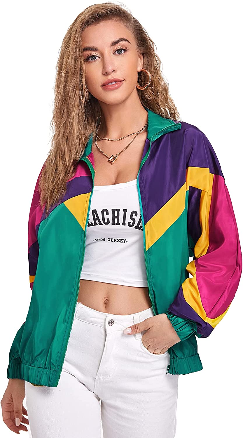 Verdusa Women's Colorblock Zip Up Long Sleeve Collar Windbreaker Jacket Coat
