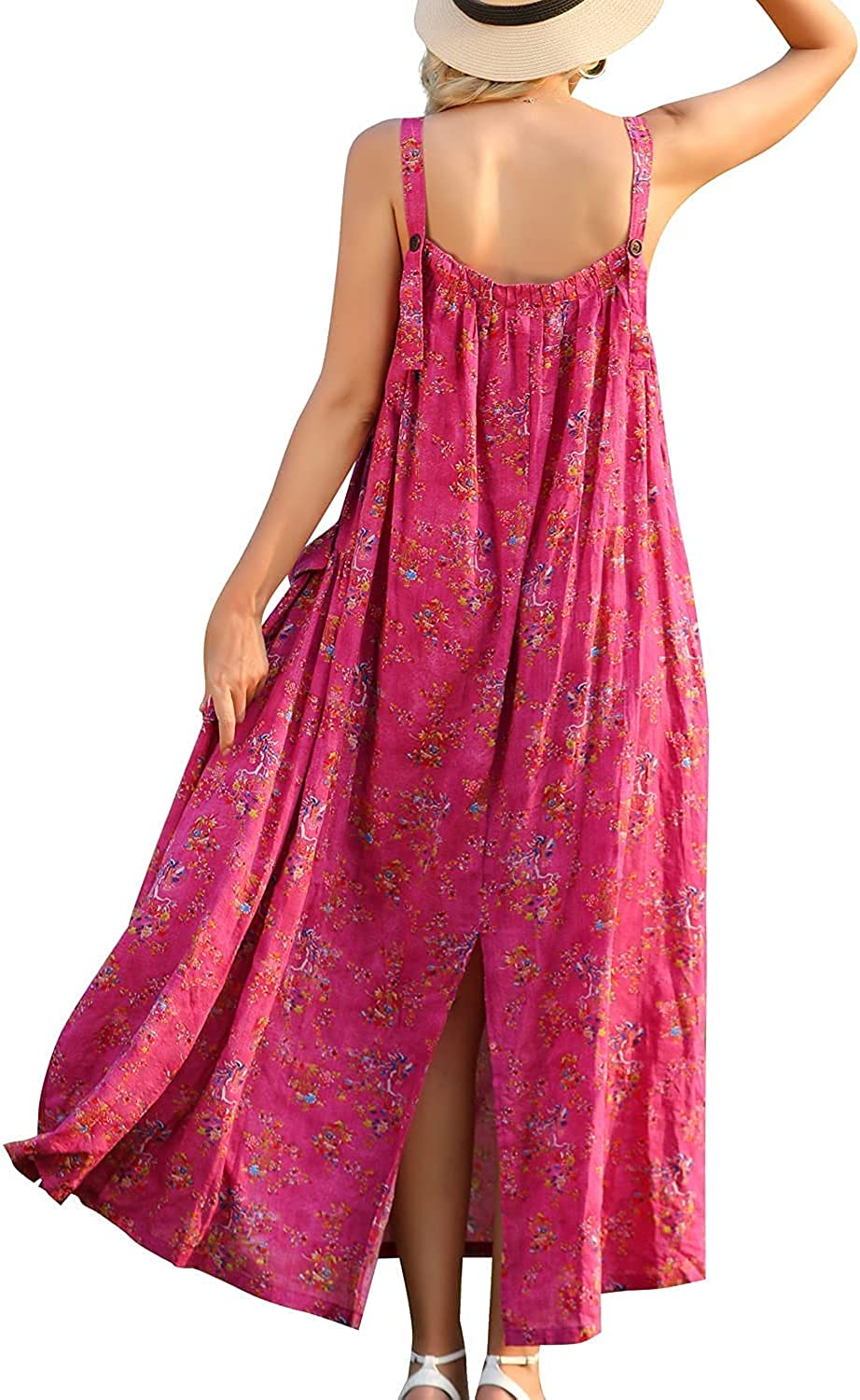 Maxi Dress for Women with Pockets Bohemian Summer Dresses with Wide Adjustable Buttoned Strap E96