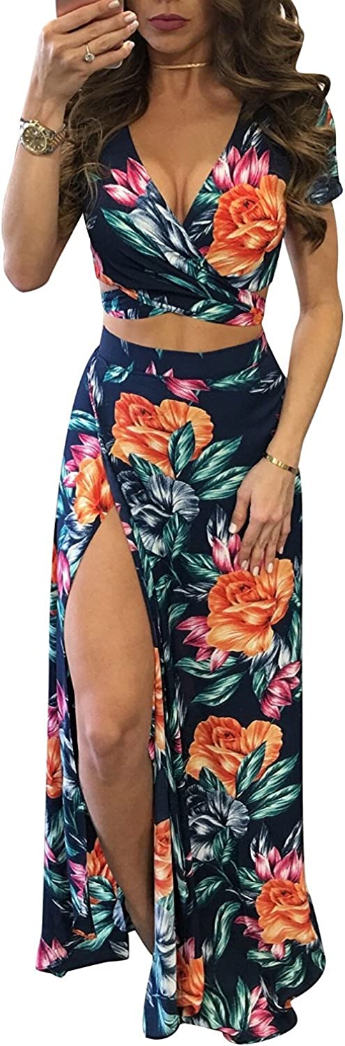 Women's Sexy V Neck Floral Printed Side Slit Two-Piece Maxi Dress