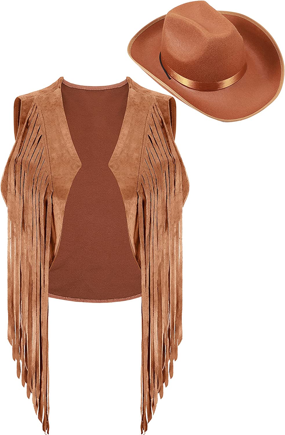 Fringe Vests Cowgirl Outfits for Women Faux Suede Tassels 70s Hippie Clothes Vest Jacket Western Cowgirl Hat Brown Cowboy Hat