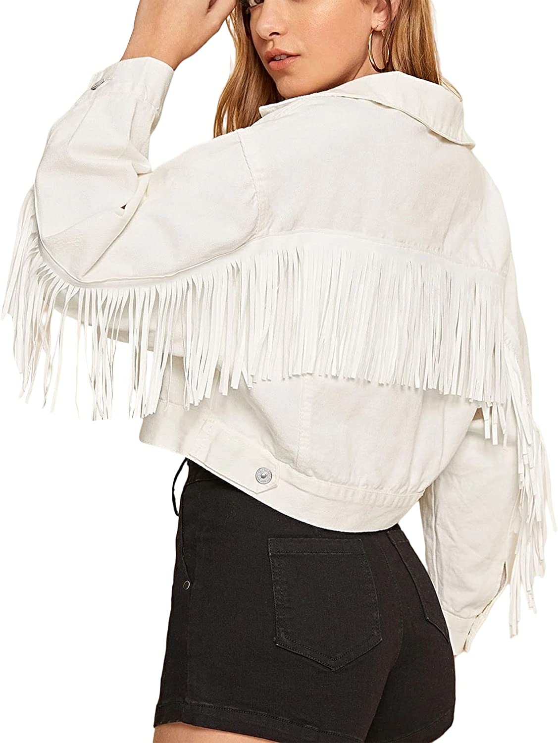 Arssm Women's White Fringe Denim Jacket Cropped Y2k Stylish Tassel Fringe Denim Fringe Jacket for Women
