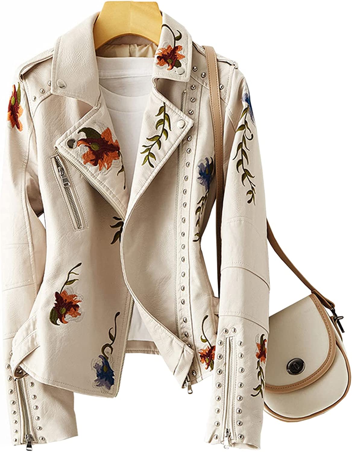 Women's Embroidered Studded Faux Leather Jacket Moto Punk Jacket Floral Coat