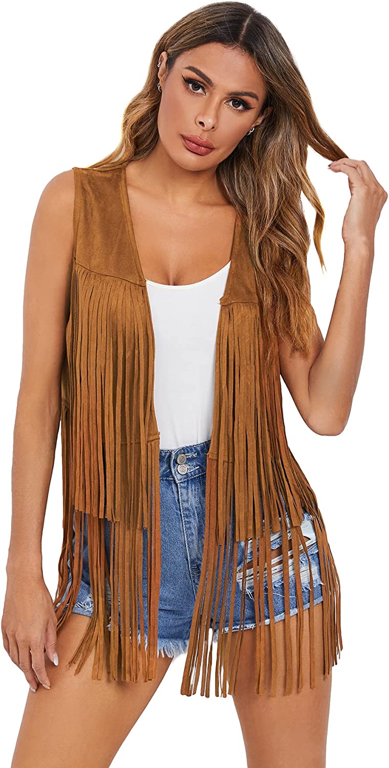 Verdusa Women's Tassel Sleeveless Vest 70s Hippie Faux Suede Fringe Jacket Cardigan