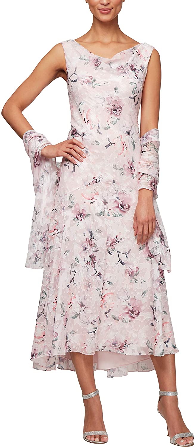 Women's Tea Length Printed Chiffon Dress with Shawl