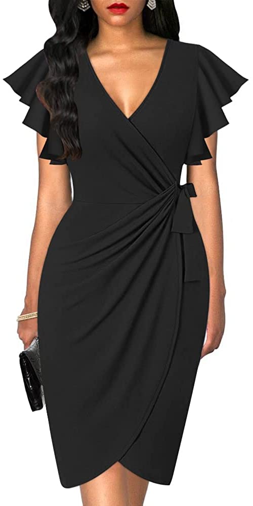 Womens Deep V Neck Ruffle Sleeve Sheath Casual Cocktail Party Work Faux Wrap Dress