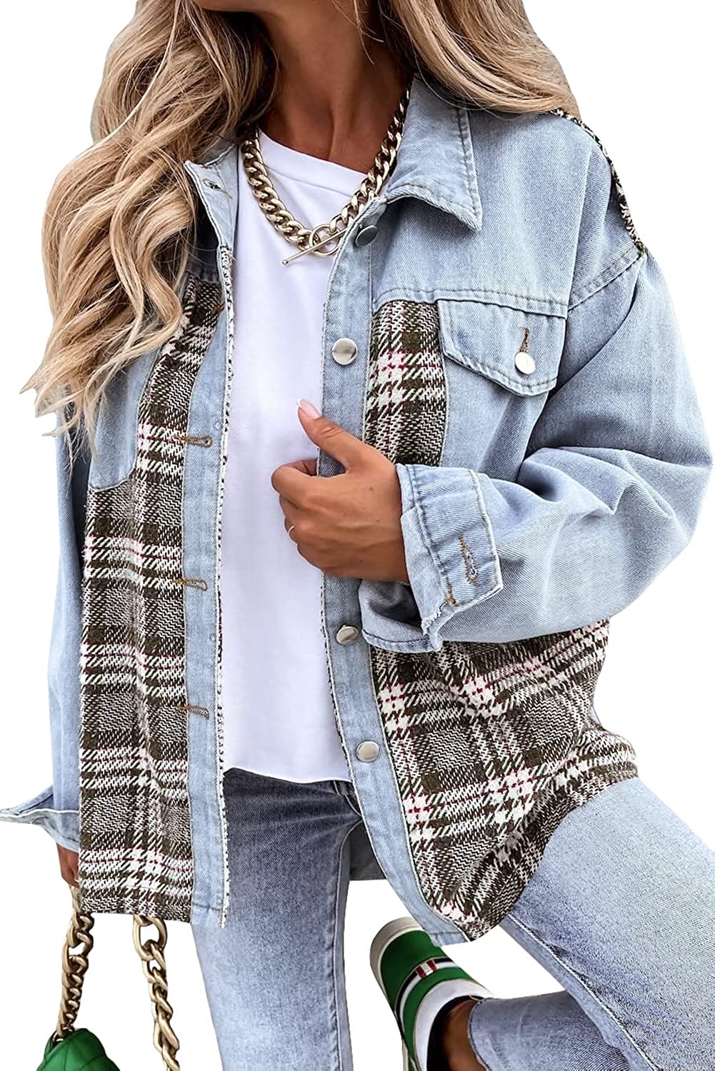 SHEWIN Women's Denim Jacket Long Sleeve Plaid Button Down Shirts Shacket Jacket With Pockets Casual Oversize Outerwear 2022 Spring Fall US 12-14(L),Sky Blue