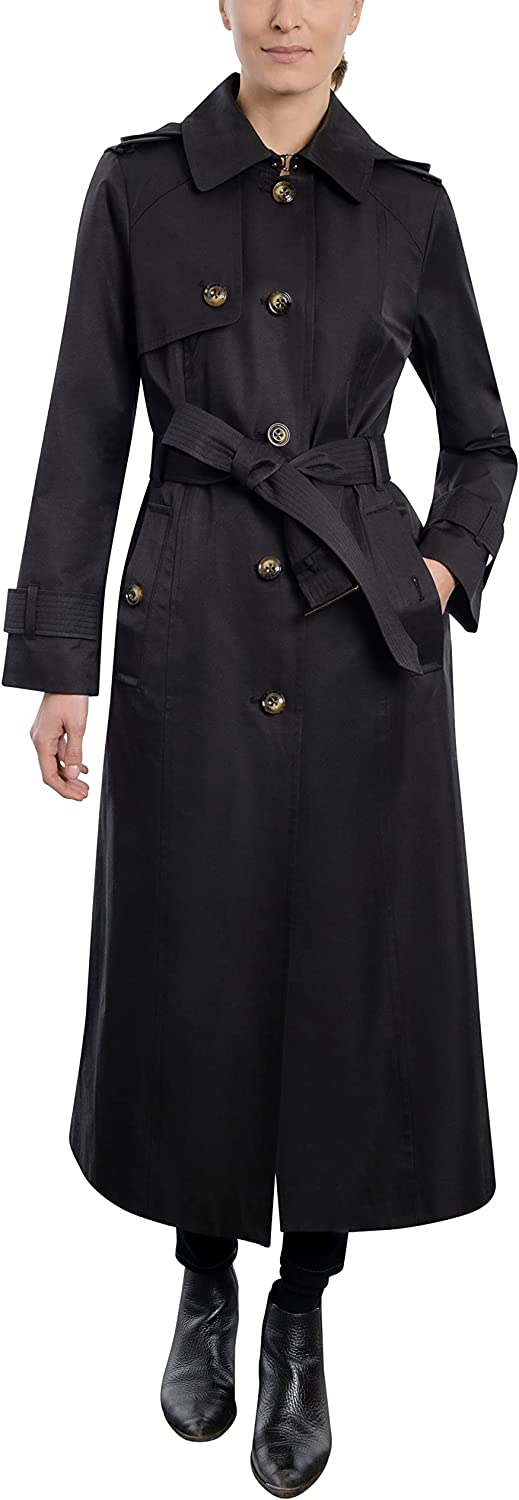 LONDON FOG Women's Single Breasted Long Trench Coat with Epaulettes and Belt