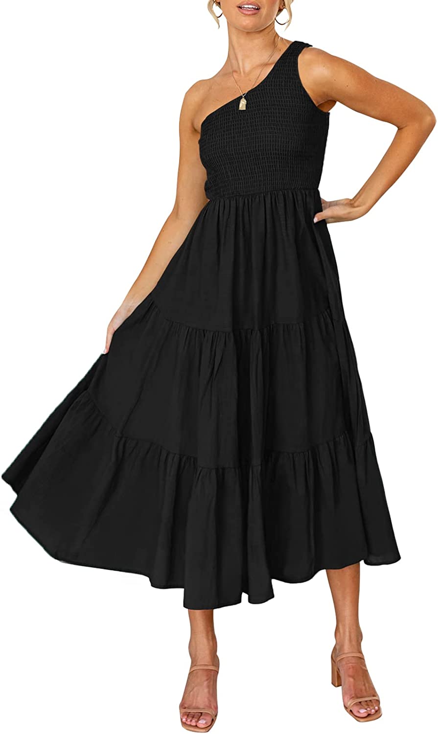 Women's Bohemian Summer Floral Print One Shoulder Sleeveless Smocked Ruffle Tiered Beach Long Midi Dress