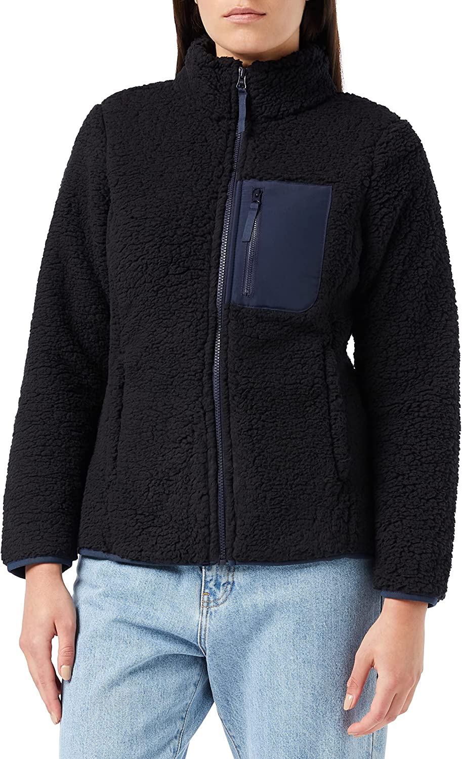 Amazon Essentials Women's Sherpa Long-Sleeve Mock Neck Full-Zip Jacket with Woven Trim