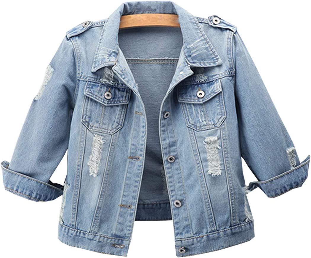 Hixiaohe Women Autumn 3/4 Sleeve Retro Short Denim Jackets Light Blue Jean Coats