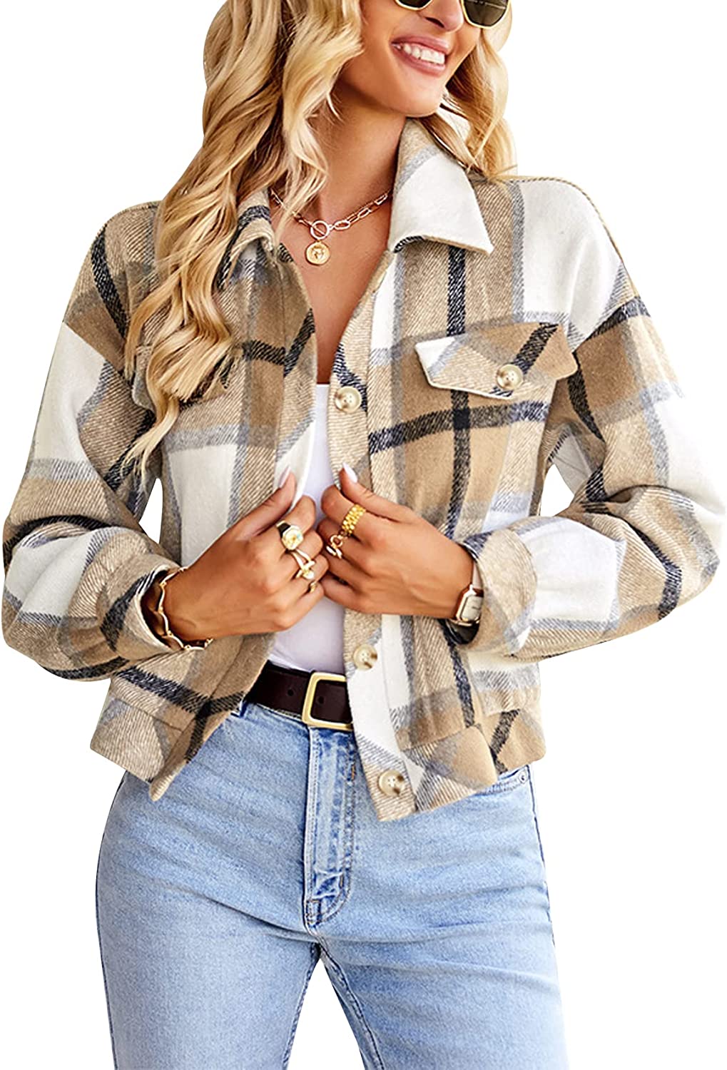 Gihuo Women's Fashion Cropped Shacket Button Down Corduroy Shacket Jackets