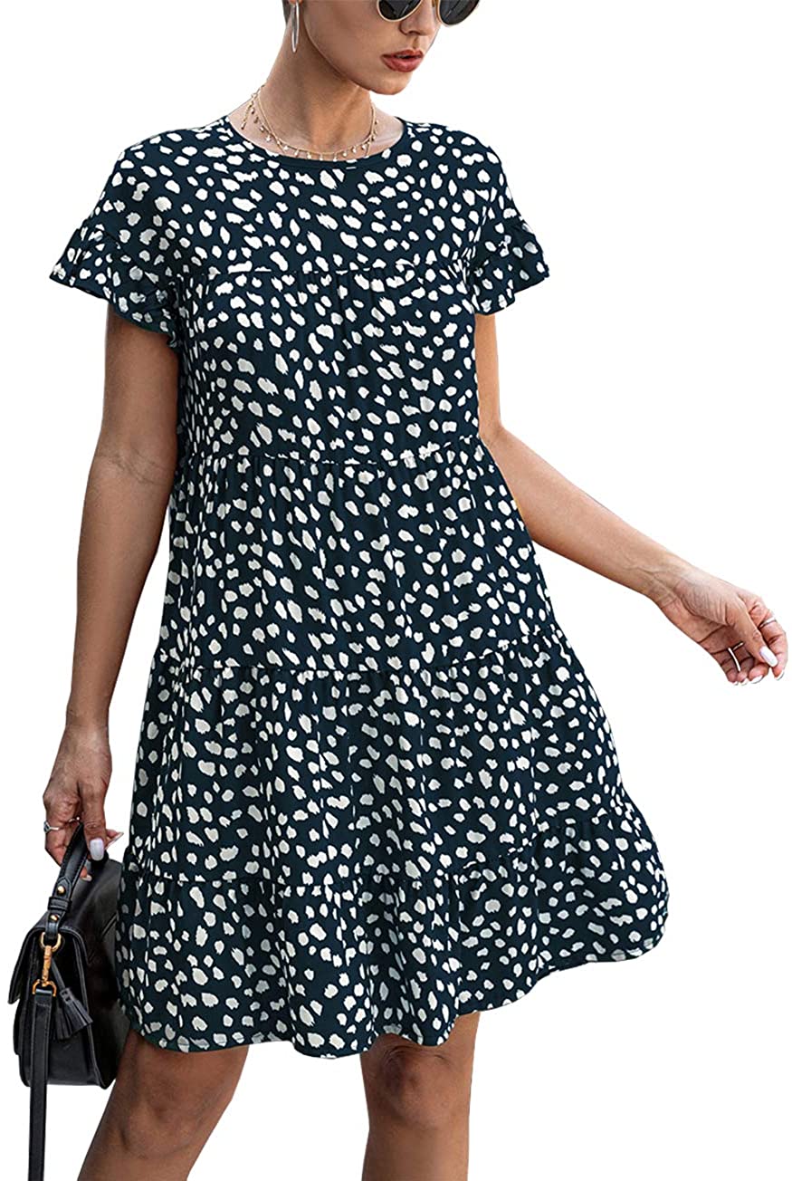 Summer Women’s Ruffle Mini Dress Short Sleeves Leopard Floral Round Neck Loose Pleated Dress
