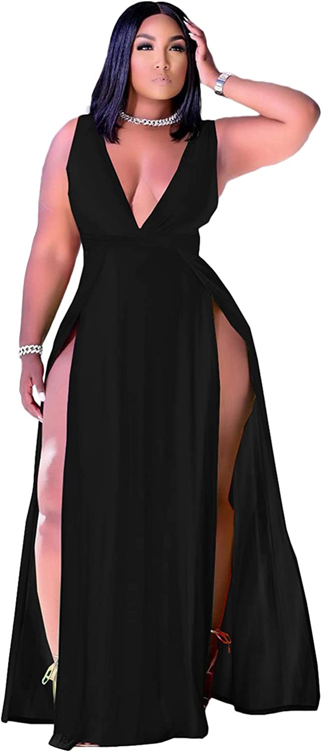 Women's Plus Size Sleeveless Deep V Neck Front Split Long Maxi Wrap Dress