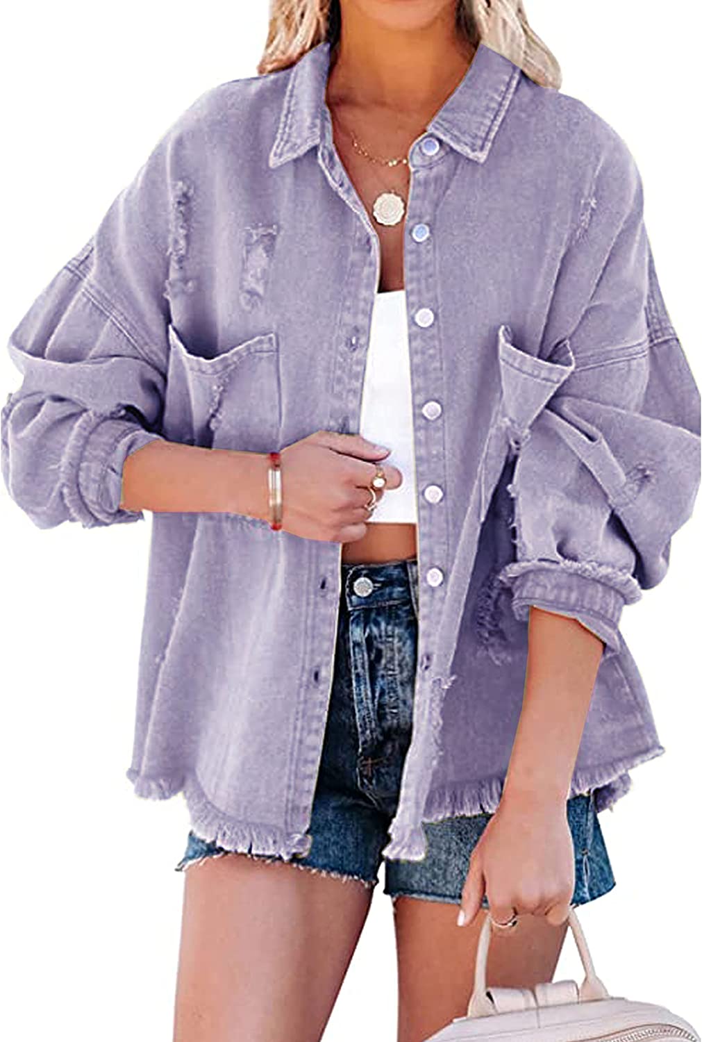 Lumister Womens Causal Oversized Soft Lightweight Distressed Jean Jacket Ripped Fringe Long Sleeve Denim Jacket Shacket