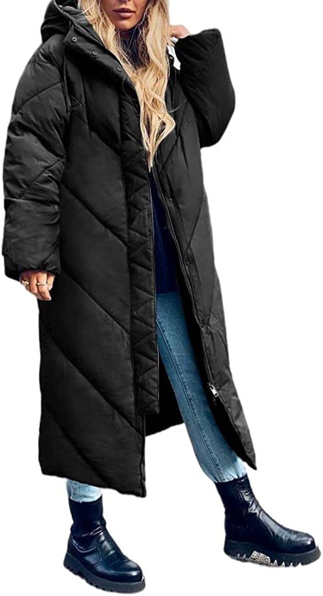 Yousify Women's Hooded Long Puffer Coat Winter Longer Thickened Down Jacket Zip Cocoon Outwear