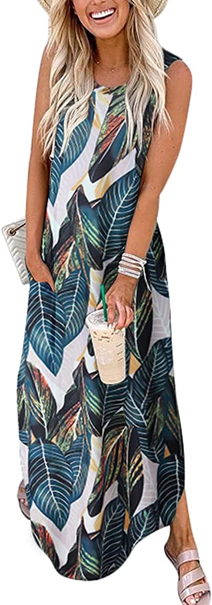 Women's Casual Loose Summer Long Dress Sleeveless Split Beach Maxi Dresses with Pockets