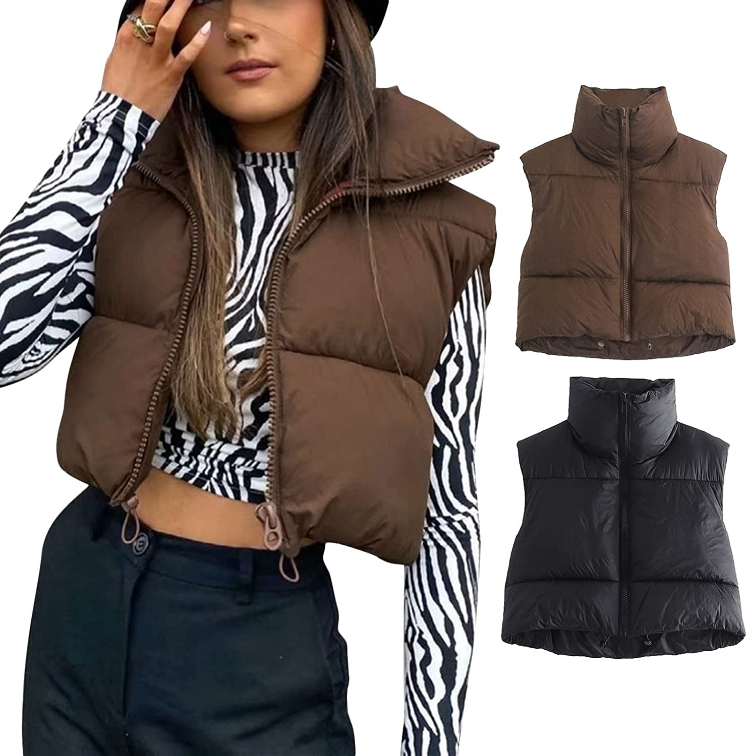 Thaisu Women's Winter Short Vest Lightweight Sleeveless Warm Outerwear Retro Puffer Vest Padded Coat