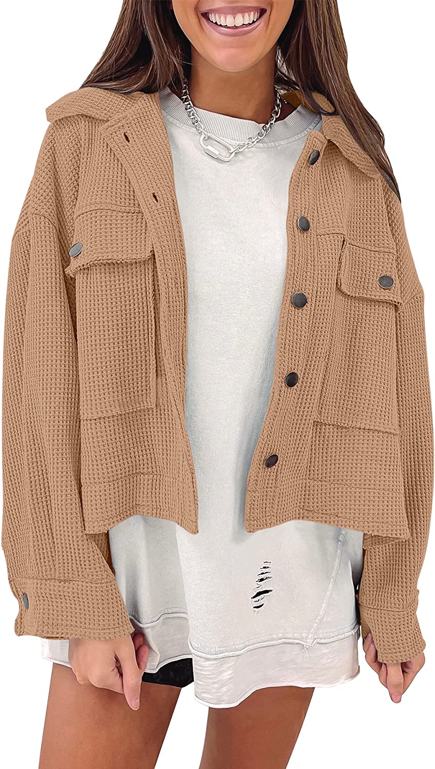 ANRABESS Women Waffle Knit Cropped Shacket Shirt Long Sleeve Collared Button Down Pockets Thermal Jacket Coat