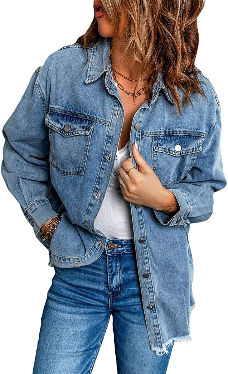 chouyatou Women's Distressed Oversize Frayed Hem Trucker Denim Jean Jacket Shirt Shacket