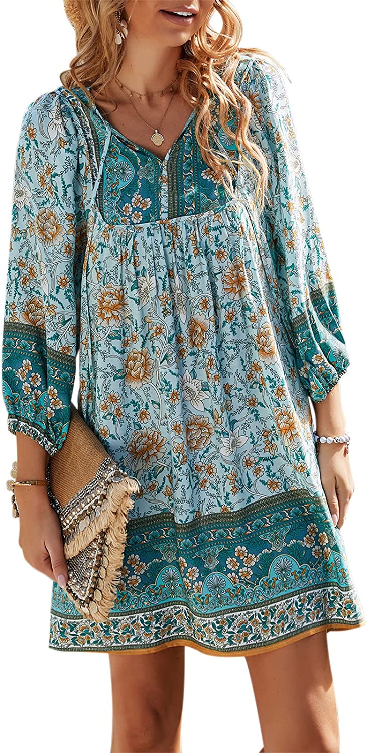 Women's Boho Dress Summer Mini Floral 3/4 Long Sleeve V Neck Flowy Loose Casual Beach Dresses