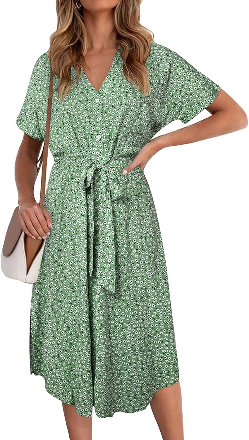 Women's Floral Button Up Split Dresses V Neck Short Sleeve Casual Front Tie Summer Midi Dress