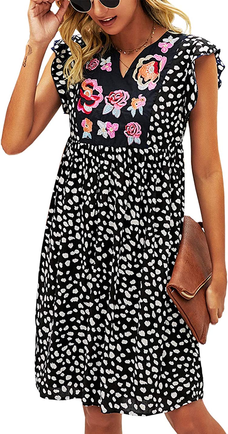 Women’s Summer Leopard Mini Dress V Neck Bohemia Dress Sleeveless Flowy Loose Babydoll Dress Casual Floral Dress