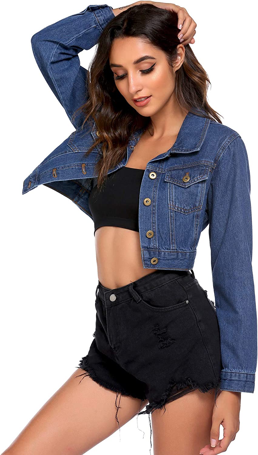 Zeagoo Womens Cropped Denim Jean Jacket Long Sleeve Button Down Basic Classic Jacket Coats