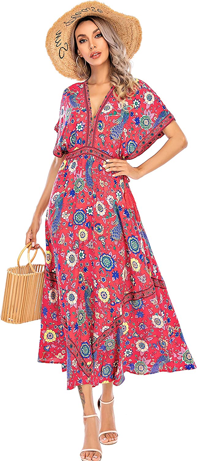 Women Summer Print Deep V Neck Cotton Beach Long Dresses