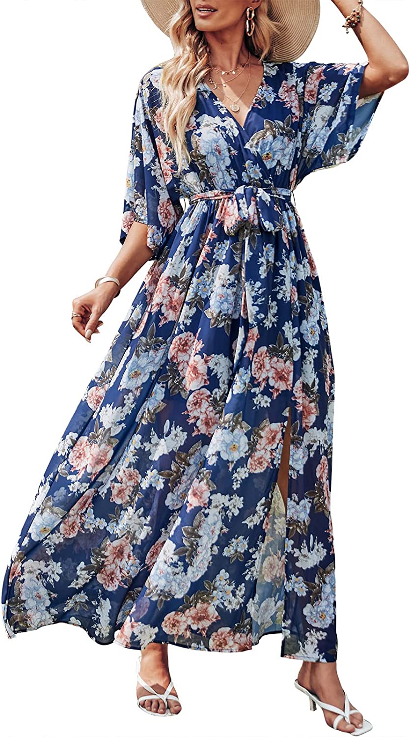 Women’s Summer Loose Kimono Maxi Dress Wrap V Neck 3/4 Sleeve Floral Print Slit Long Dresses