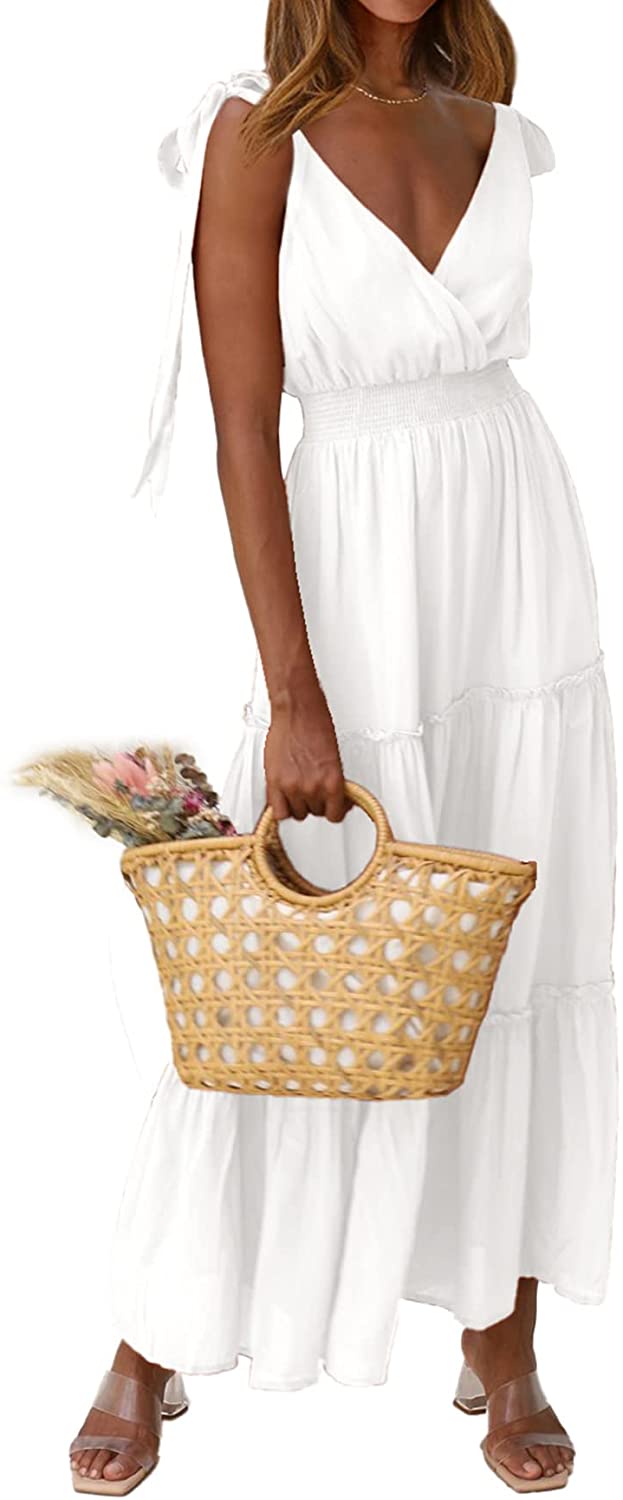 Women's Cross Neck Summer Sleeveless Tiered Maxi Dress Beach Tie Strap Smocked Long Dresses Pleated Sundress