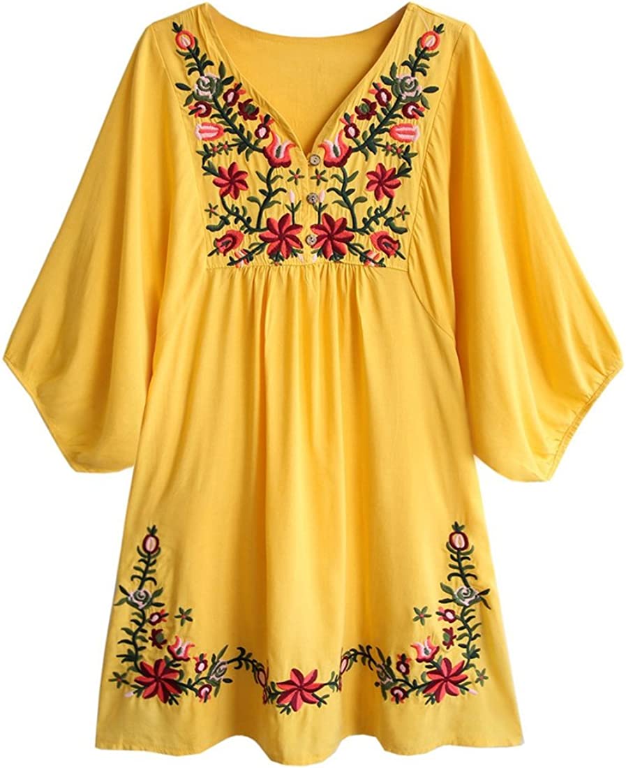 Summer Dress V Neck Mexican Embroidered Peasant Women's Dressy Tops Blouses