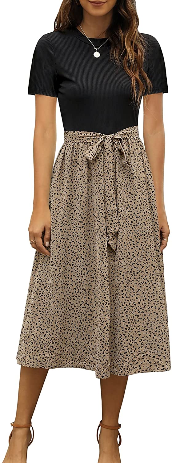 Women Short Sleeve Ribbed Midi Dress Modest Casual Work Dress with Pockets