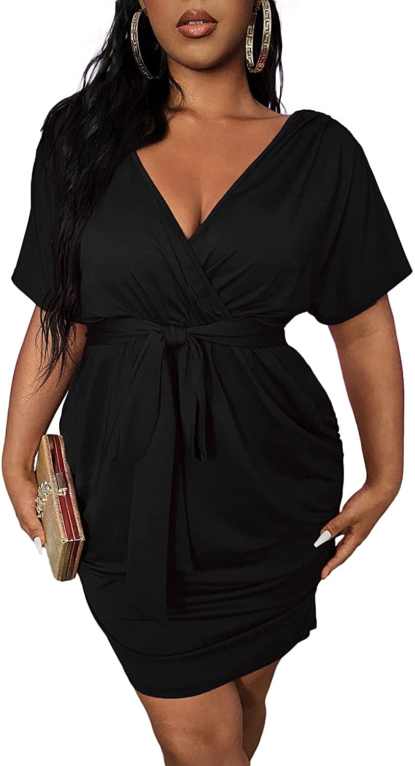 Women's Plus Size Short Sleeve Surplice Deep V Belted Ruched Mini Party Bodycon Dress