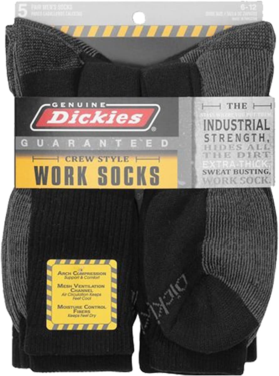 Dickies Genuine Mens 5-Pair Crew Work Socks, 5 Pair Black W/ Grey, 10-13 Sock/6-12 Shoe