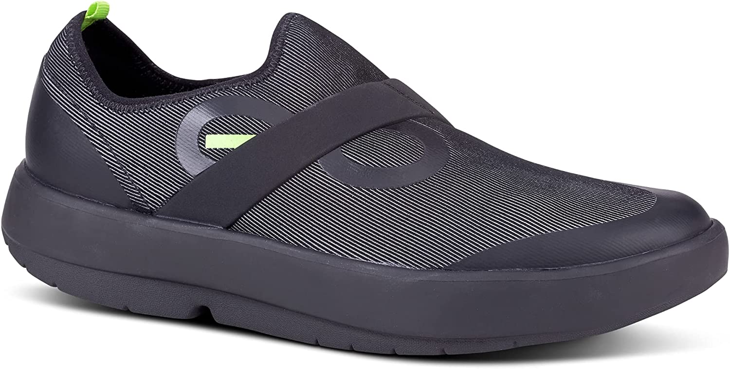 OOFOS OOmg Fibre Low Shoe, Black & Gray - Lightweight Recovery Footwear - Reduces Stress on Feet, Joints & Back - Durable, Breathable Fabric - Machine Washable