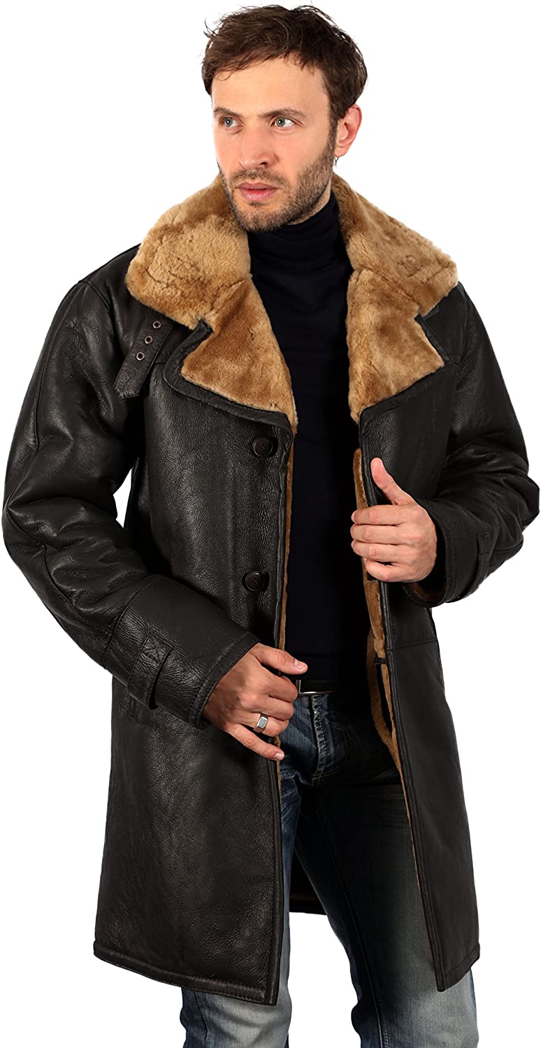 Men's Brown Long Shearling Ginger Sheepskin Leather Coat With Belt