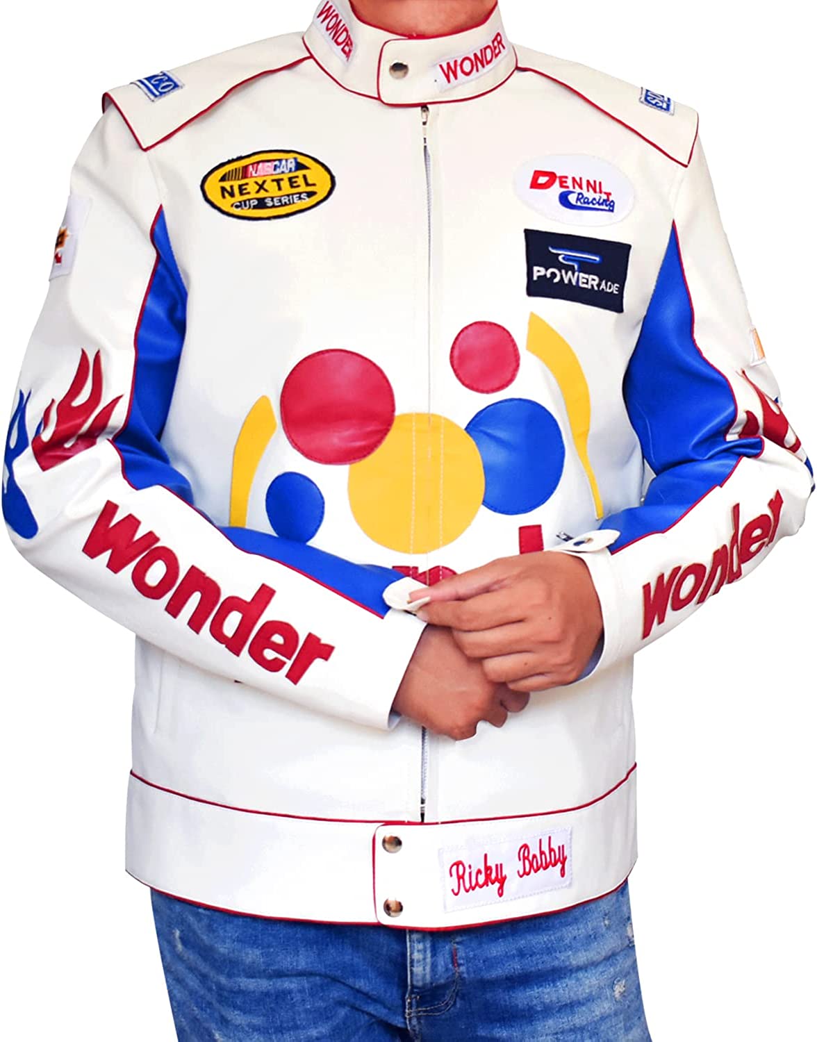 Men Ricky Bobby Wonder Racing Nights The Bread Speed White Leather Motorcycle Jacket