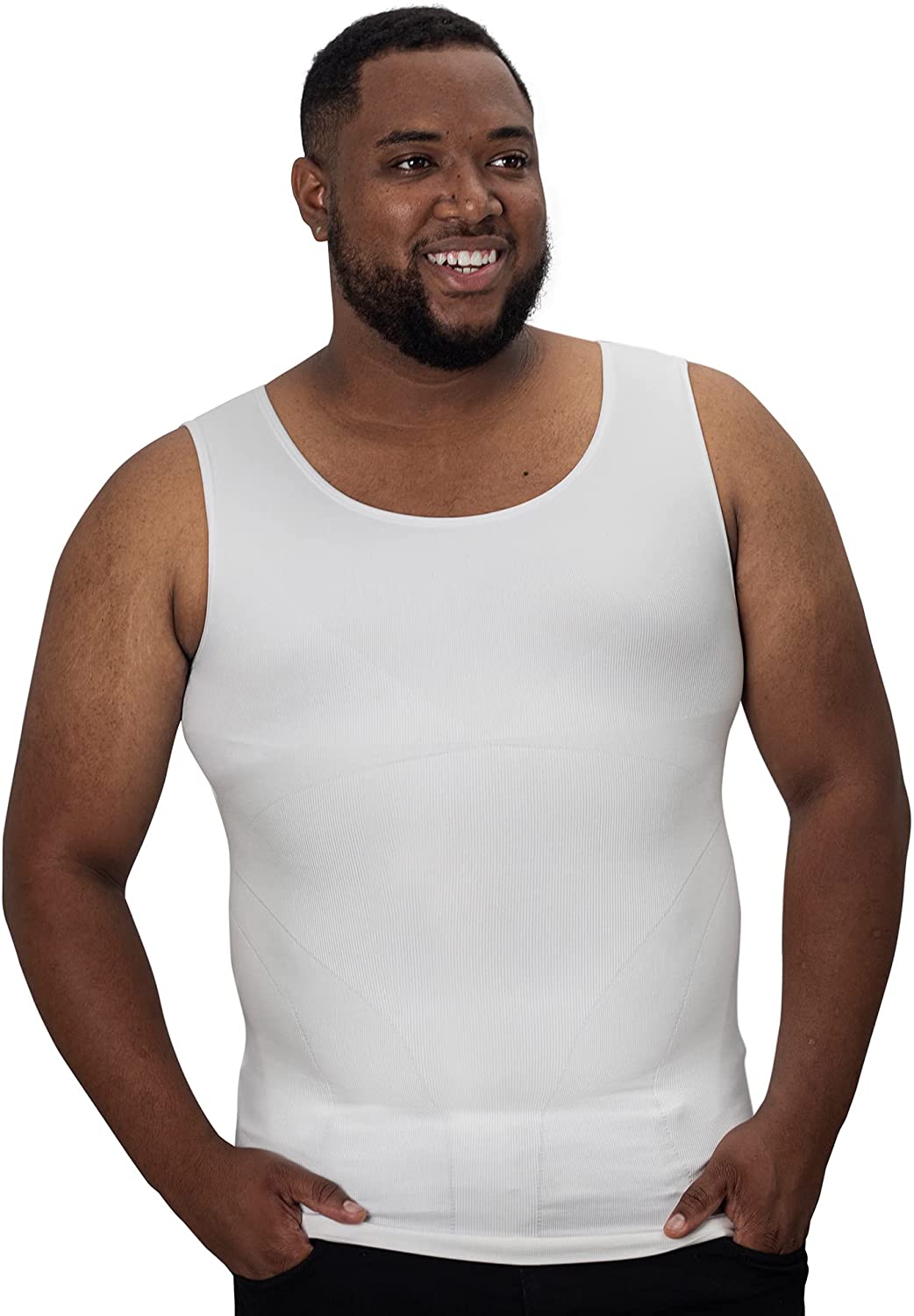 QORE LOGIQ Gynecomastia Compression Shirts for Men White Tank Top Body Shaper, Fajas para Hombres, Mens Slimming Undershirt