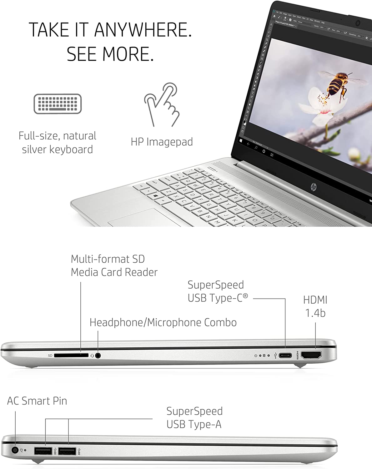 HP 15.6-inch Laptop, 11th Generation Intel Core i5-1135G7, Intel Iris Xe Graphics, 8 GB RAM, 256 GB SSD, Windows 11 Home (15-dy2024nr, Natural silver)