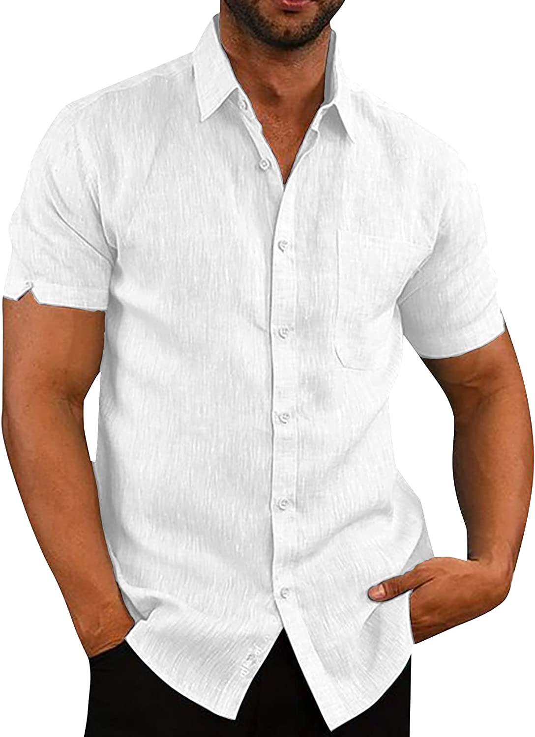 Mens Short Sleeve Shirts Button Down Tops Beach Linen Fishing Tees Spread Collar Plain Summer Blouses