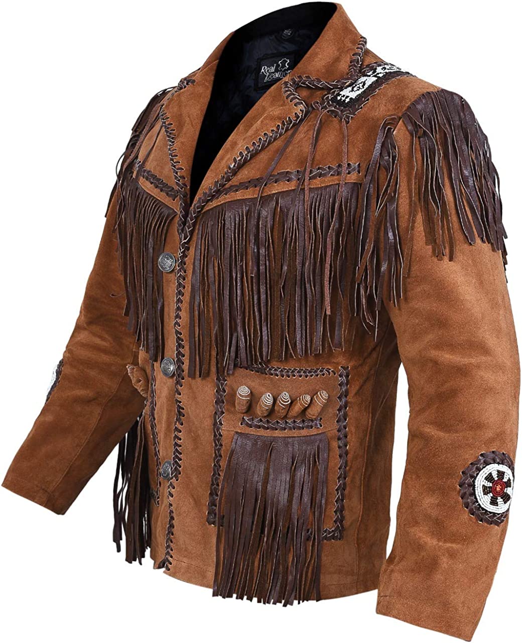 Mens Cowboy Western Suede Leather Jacket with Bones Beads Fringes- Bikers Style Mens Classic Fashion.