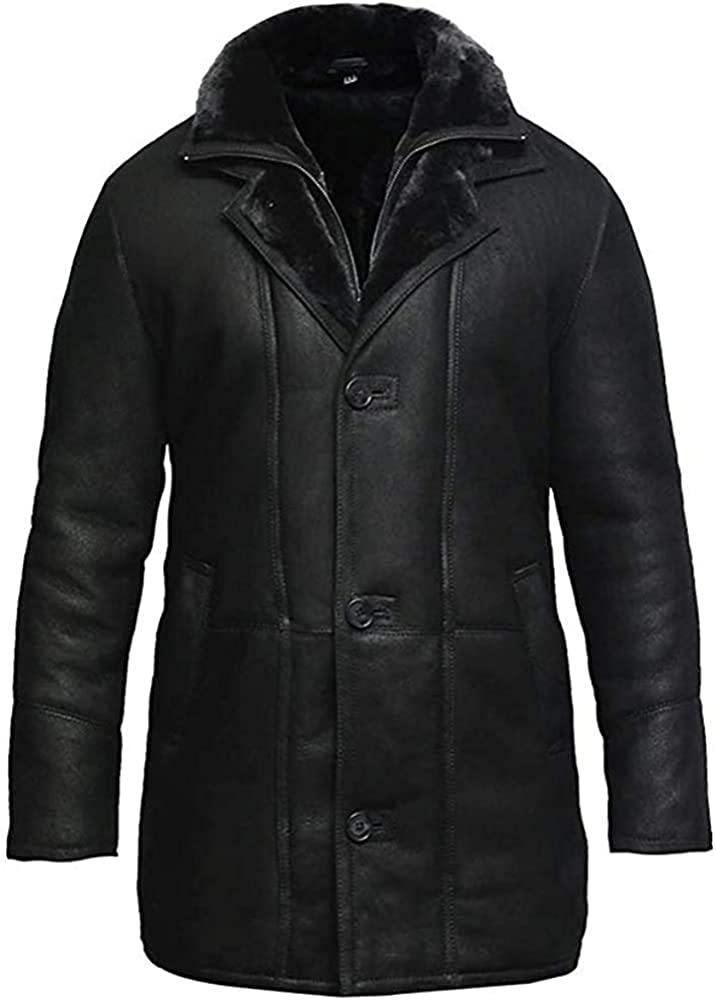 Brandslock Mens Real Shearling Sheepskin Leather Warm Duffle Trench Coat