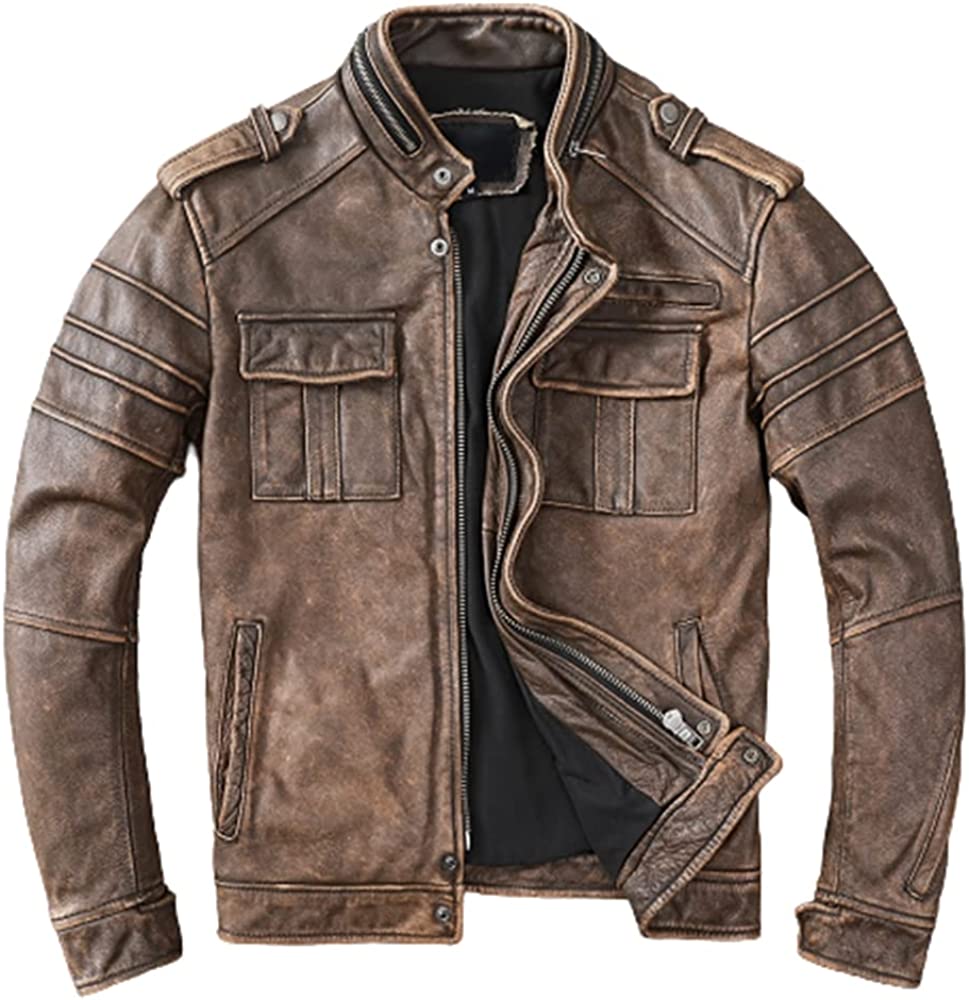 Mens Cafe Racer Jacket - Distressed Leather Jacket Men - Vintage Brown Leather Jacket - Genuine Lambskin Biker Jacket